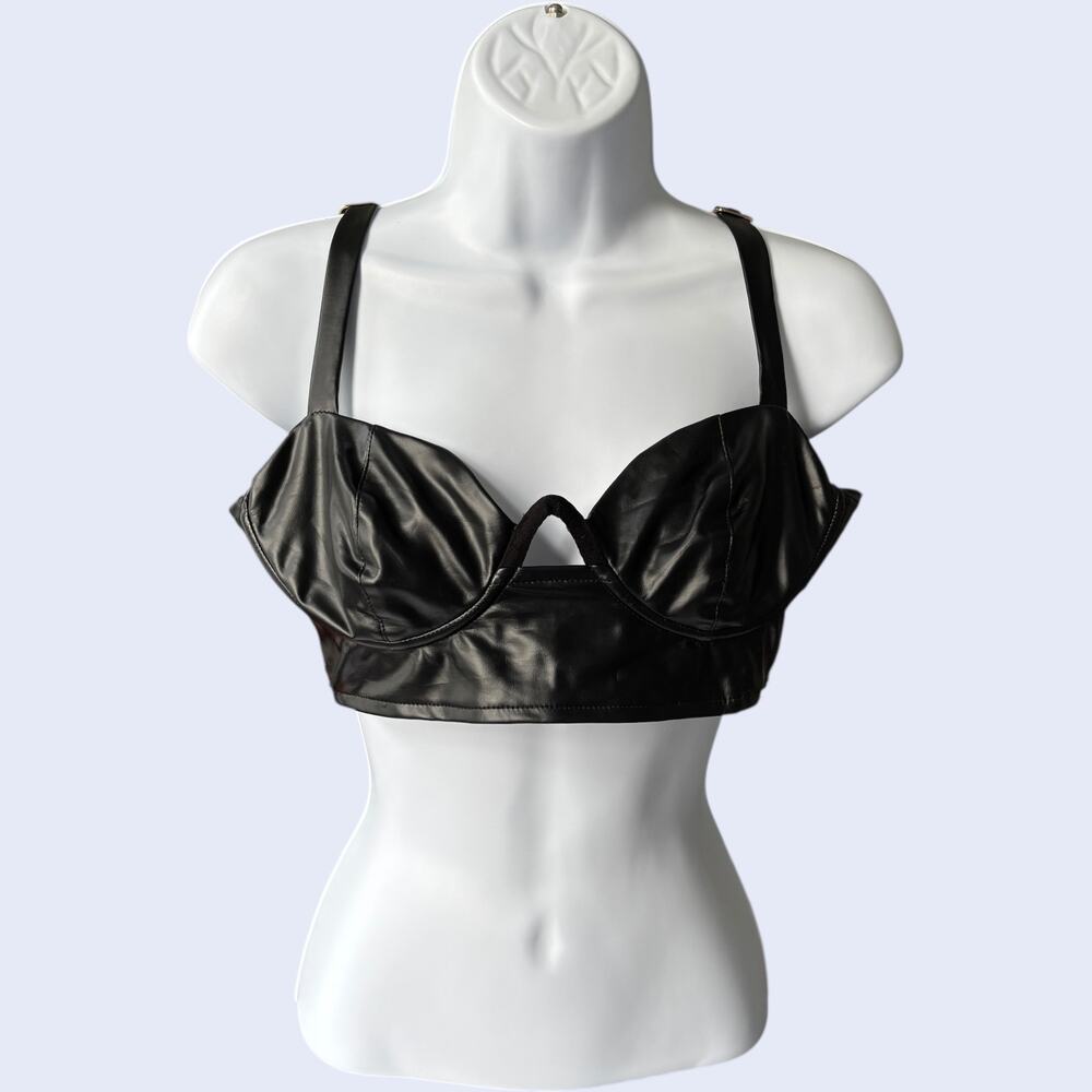 Rose Velvet faux leather bustier crop top black V-wire triangle support straps